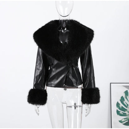 Black Faux Fur Collar Leather Jacket Elegant Lapel V-neck Waist Cinching Long-sleeved Short Coats Lady Winter Commute Coat 2025