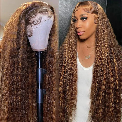Highlight Wig Human Hair Ombre Deep Wave 13x6 HD Lace Frontal Wigs 4/27 Color Glueless Water Wave Curly Lace Front Wig 250 Density For Women ﻿