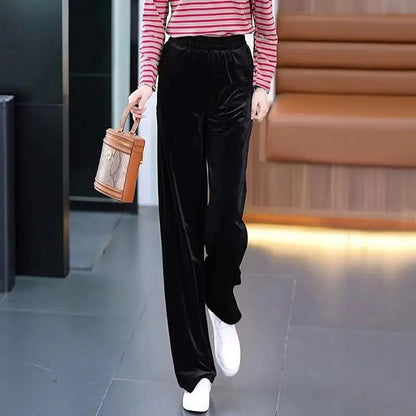 Korean Fashion Women Pleuche Pants Autumn Winter Elastic High Waist Solid Pockets Loose Office Lady Straight Wide Leg Trousers