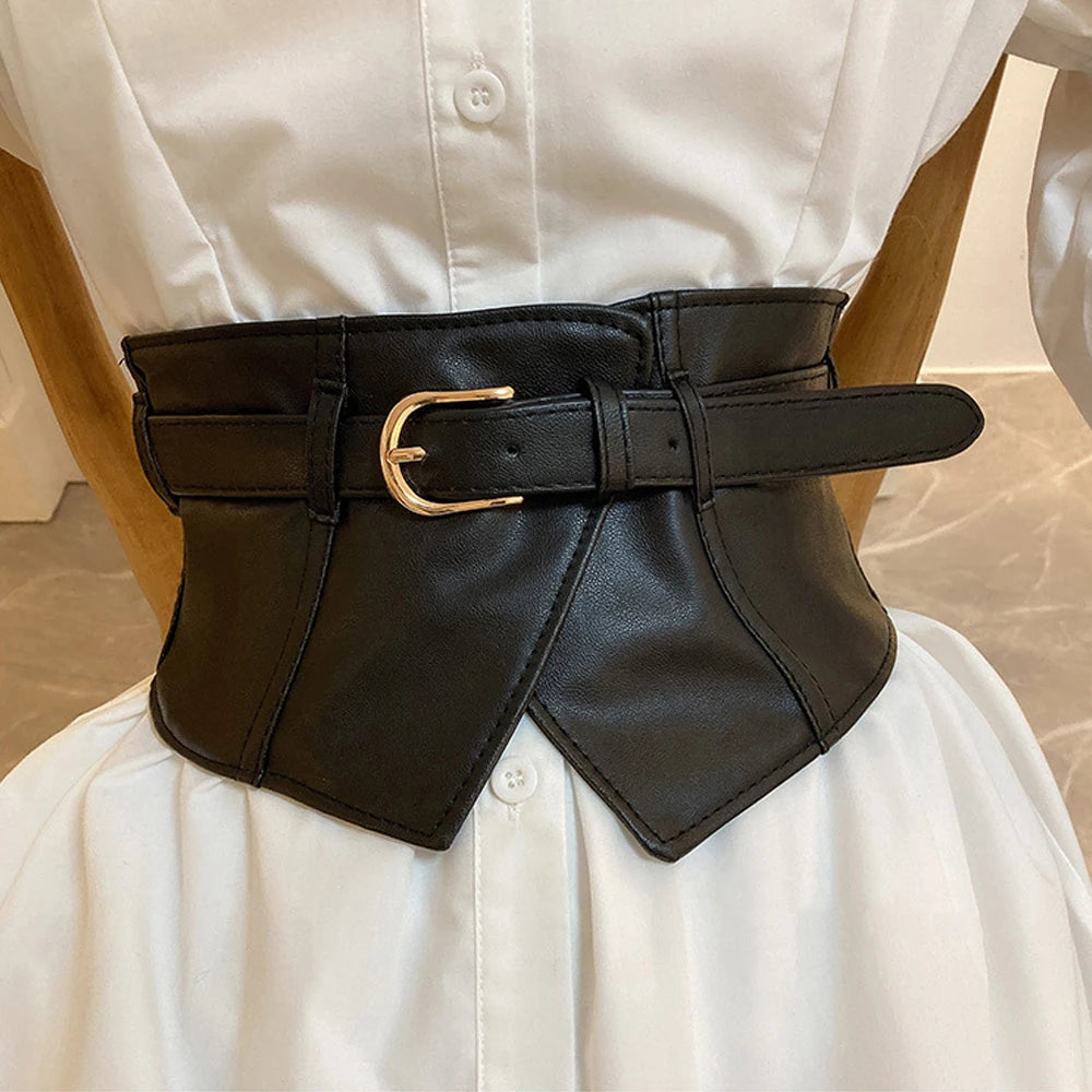 Classic Pin Buckle Wide Belts Black Elastic PU Waistband Trendy Corset Waspie Belt Classic Dress Coat Girdle For Women...