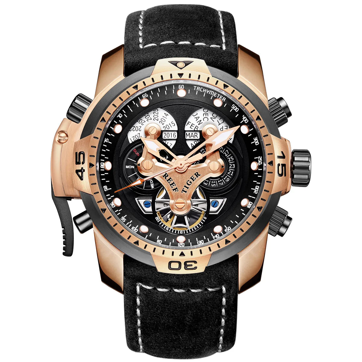 Reef Tiger Men's 46mm Automatic Mechanical Watch with Luminous Hands/Markers, Sapphire Crystal, and Year/Month/Day/Date Display