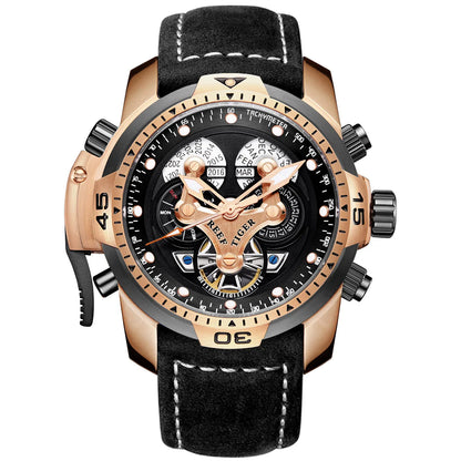 Reef Tiger Men's 46mm Automatic Mechanical Watch with Luminous Hands/Markers, Sapphire Crystal, and Year/Month/Day/Date Display