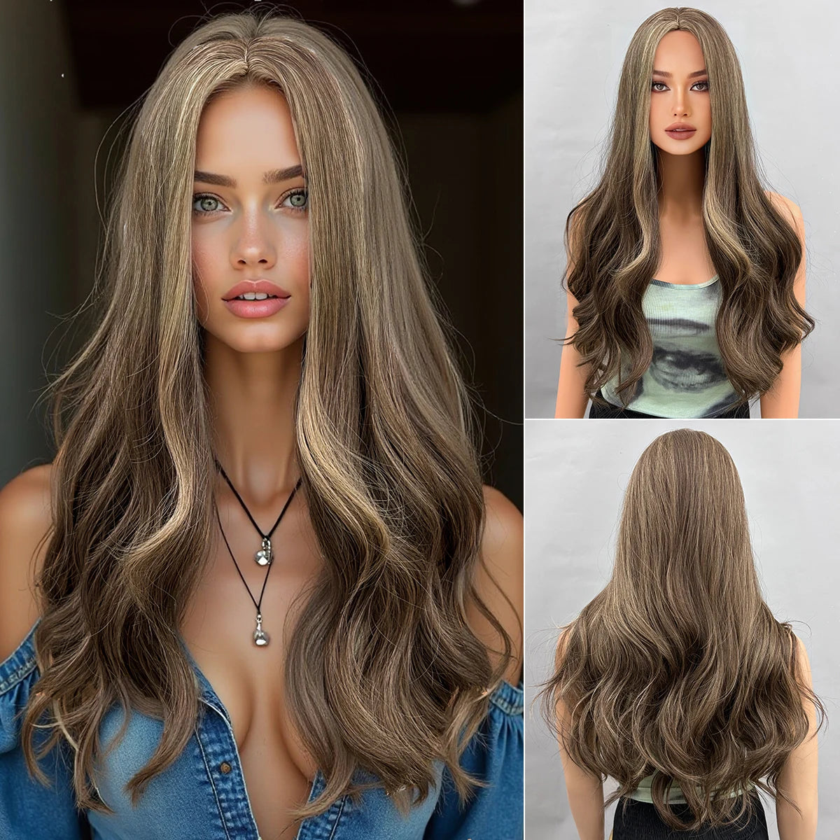 28 Inch Synthetic Women's Wig Light Brown with Highlights Long Wavy Hair Everyday Pretty Party Outfit