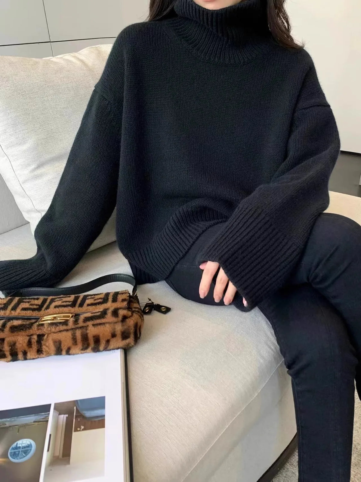 2024 Autumn and Winter New Thick Cashmere Sweater Women High Neck Pullover Sweater Warm Loose Knitted Base Sweater Jacket Tops