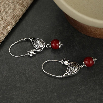 Ladies' Vintage Bird Shape Long Hook Earrings Metal Carved Pattern Design Retro Silver Plated Earrings Personalized Jewelry