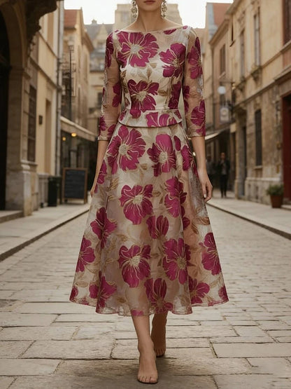 Vintage O-neck Pattern Printed Half Sleeve Dress Summer Elegant High Waist A-line Maxi Dress Temperament Banquet Spliced...