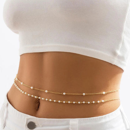 Fashionable Double Layer Imitation Pearl Chain Waist Chain for Women Minimalist Sexy Sequin Link Chain Belly Chain Beach Jewelry - Kimlud