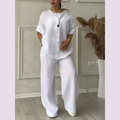 Casual Solid Color Pullover Long Pants 2-piece Set Women's Cotton and Linen Pants Suit White Pink