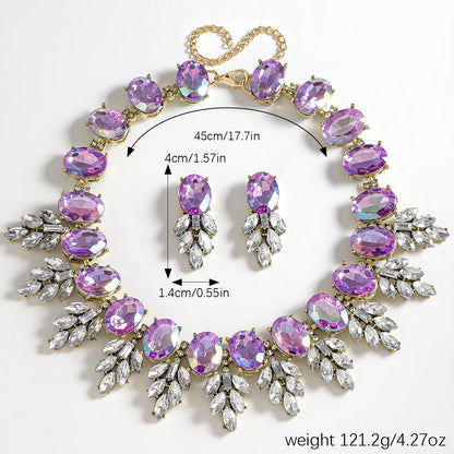 Best Lady Geometric Rhinestone Necklace & Short Glass Earrings Stitching Decorative Neck Chain Dress Jewelry Set