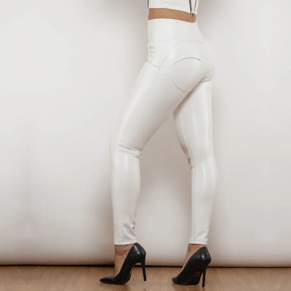 Shascullfites Melody High-Waisted Metallic Leather Leggings Zipper Detail Scrunch Butt Wetlook Pants for Women