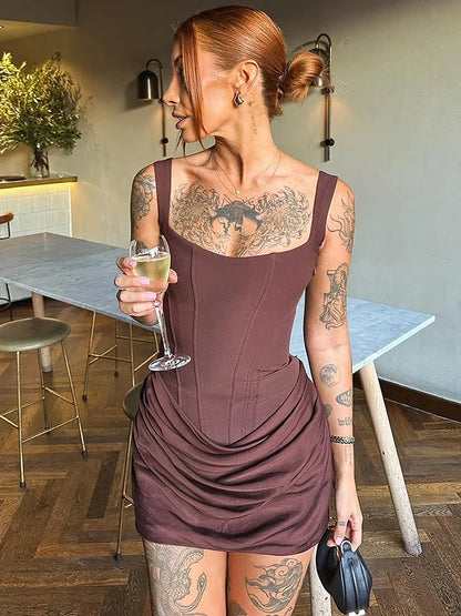 Nibber Peach Hip Dress Women Elegant Christmas Low Chest Sleeveless Ruched Patchwork Birthday Party Dating Chic Skinny Clubwear