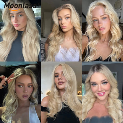 Moonlass Champagne Platinum Salon Hair Body Wave 100%Human Hair Wig 13x6Lace Front Wigs 180% Density Preplucked Transparent Lace