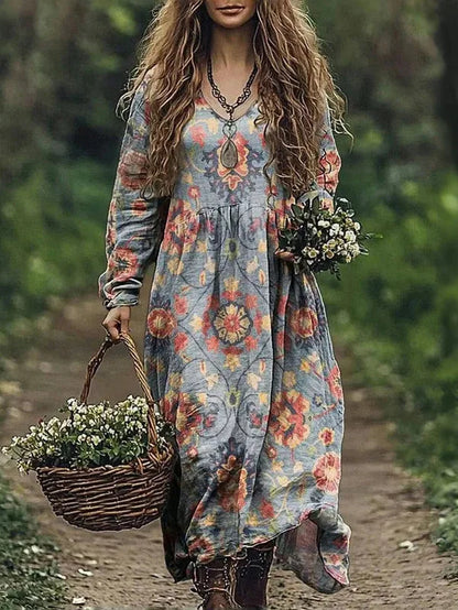 Boho Vintage Print Long Dresses For Women 2025 Casual V Neck Full Sleeve Splice High Waist Loose Dress Autumn Fashion Vestidos - Kimlud