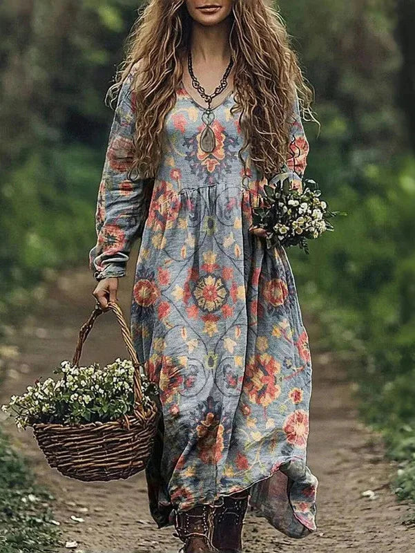 Boho Vintage Print Long Dresses For Women 2025 Casual V Neck Full Sleeve Splice High Waist Loose Dress Autumn Fashion Vestidos - Kimlud