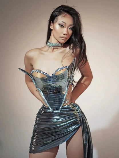 2024 Sparkly Gold Sexy Top Two Pieces Short Skirt Set Women Celebrate Party NightClub Performance Dancer Show Stage Outfit