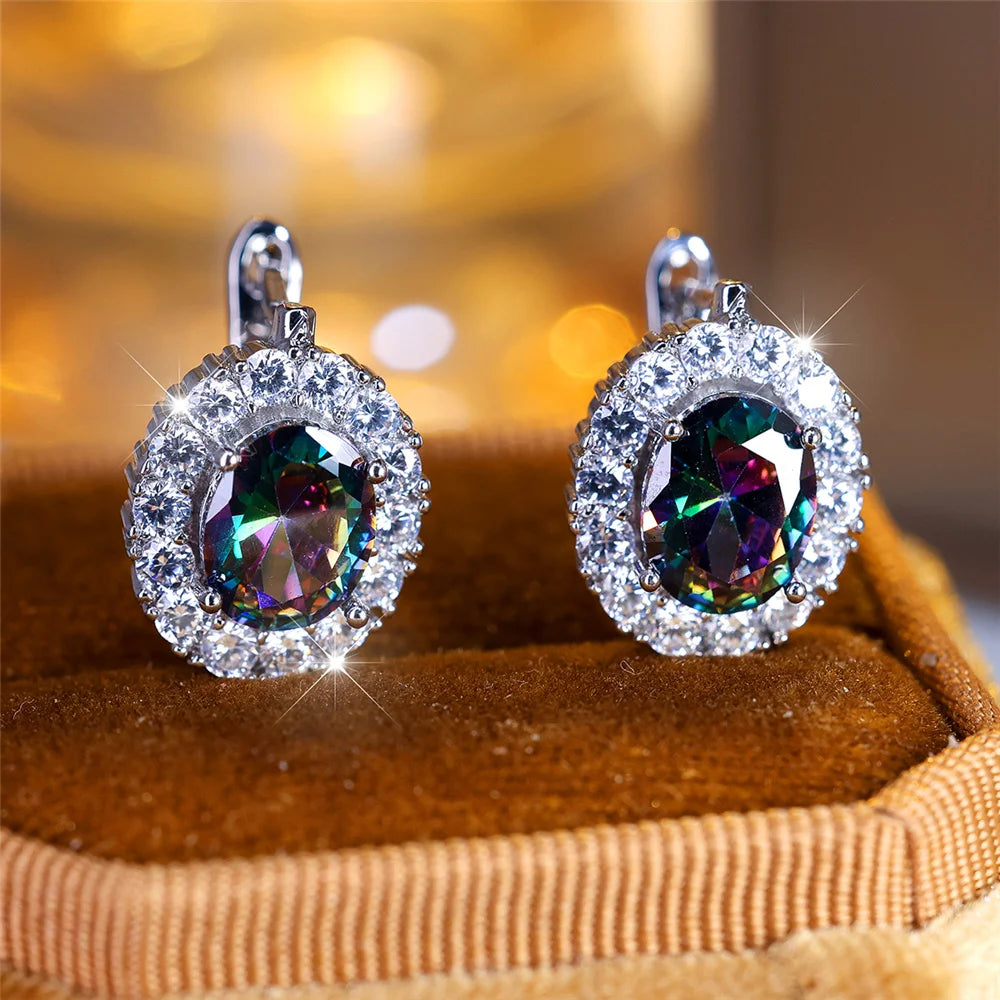 Cute Small Blue Green Zircon Stone Hoop Earrings For Women Charm Female Silver Color Wedding Jewelry Gift