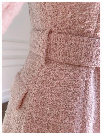 IEQJ Fashion Autumn Pink Woolen Coat Women Turn-Down Collar Double Breasted Sashes Tighten Waist Slim Blends Coat New