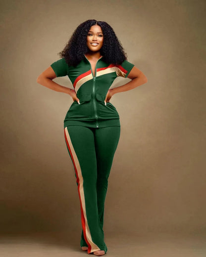 STYLISH LADY Patchwork Sporty 2 Piece Set Women Short Sleeve Zipper Jacket and Pant Suits 2025 Autumn Casual Fitness...