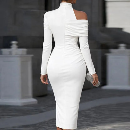 OL Style Elegant High Neck Ruched Party Dress Woman Sexy Off Shoulder Hollow Slit Midi Dress Spring Long Sleeve Solid Boho Dress - Kimlud