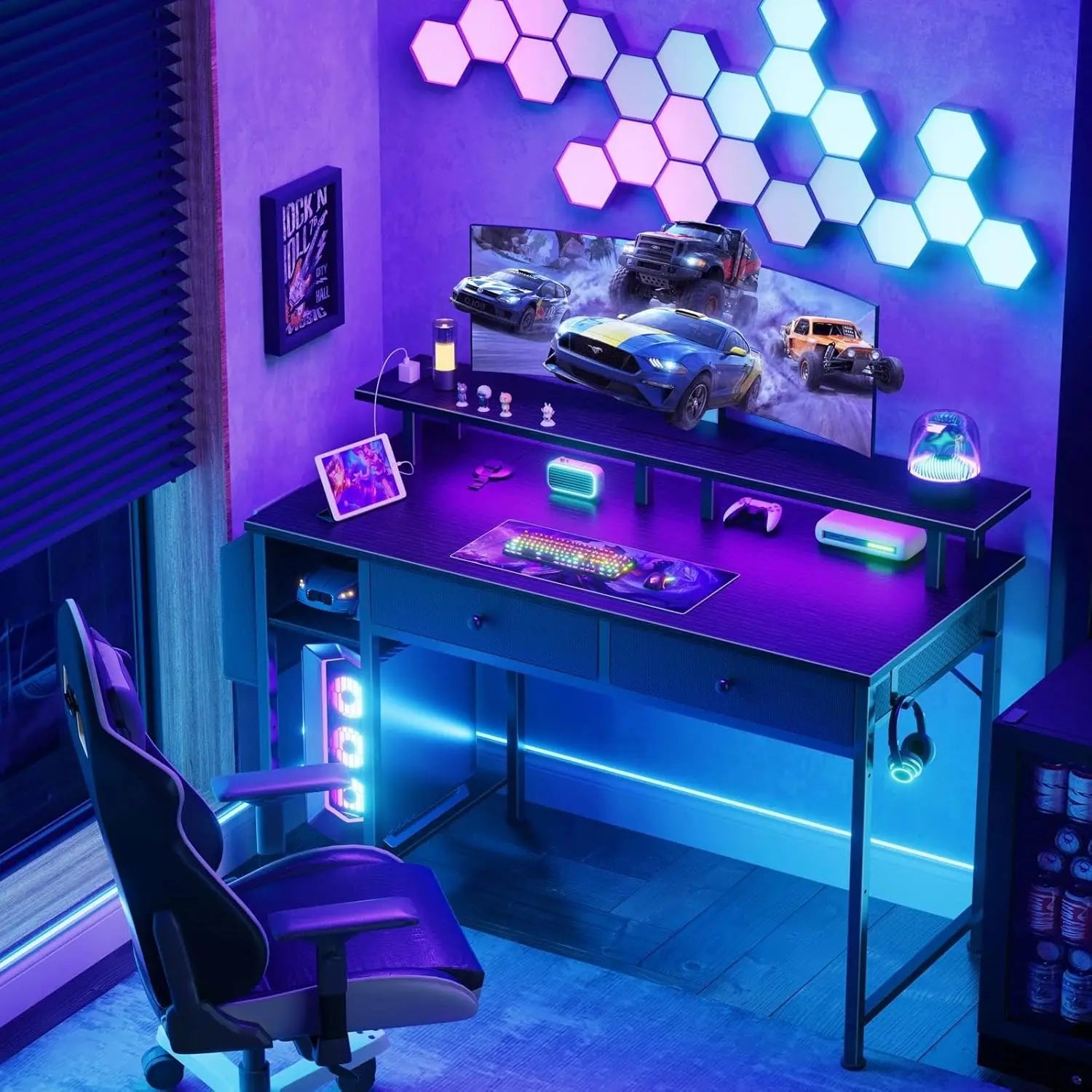 39-Inch Gaming Desk with Shelves, Drawers, Power Outlet & LED Lights - Sturdy Black Design for Home Office