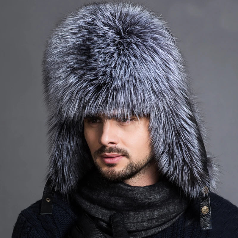 Hot high-end luxury fur hat Men's fox fur hat Lei Feng cap ear cap fur necessary hat Real fur hat 100% Sheepskin top fox hat
