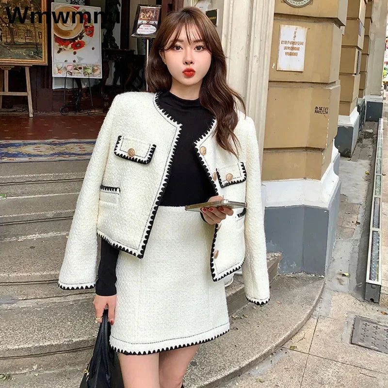 Vintage Skirts Two Piece Sets Mini Faldas Outfits Korean Fashion Fall Winter Oversize Suits Womens Tweed Jackets Conjuntos