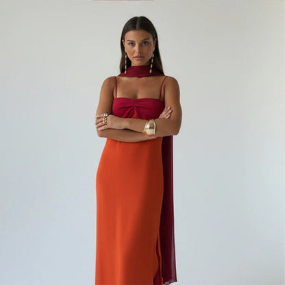 Women Color Blocking Scarf Collar Sling Dress Sexy Waist Cinching Split Bodycon Slim Fit Dresses 2026 Lady Highstreet...