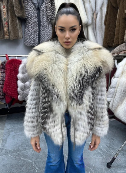 Lady's Natural Stripes Fox Fur Coat with Big Collar Spring Autumn Luxury Fashion Jacket
