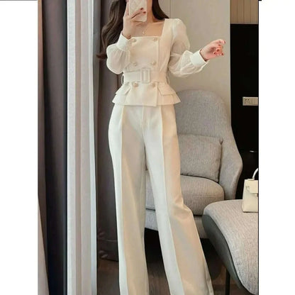 Sets Women Chic Korean Style Spring New Graceful Square Collar Tops Simple Wide Leg Pants Temperament Office Ladies Two Pieces