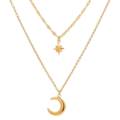 DOTIFI Stainless Steel Eight-Pointed Star Moon Pendant Double-Layer Necklace Women's Fashion Minimalist Commuter Chain Jewelry - Kimlud