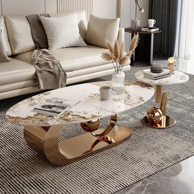 Italian Rock Plate Coffee Tables Living Room Luxury Oval Side Table Creative Wrought Iron Center Table Set Nordic Home...