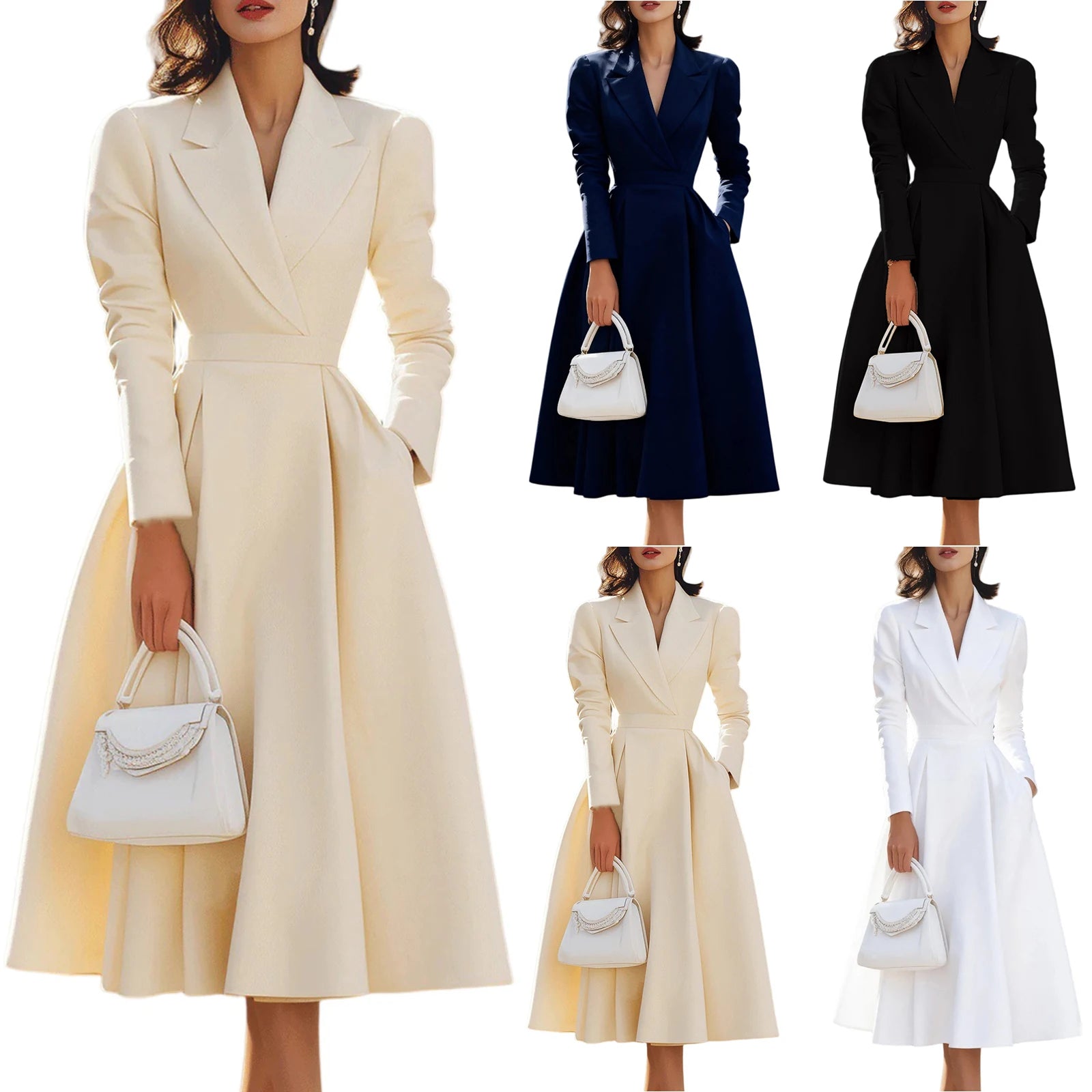 Autumn Winter Women's Elegant Long Dresses Fashion Solid-Color French V-Neck Waist-Cinching Evening Dress Ladies' Party...
