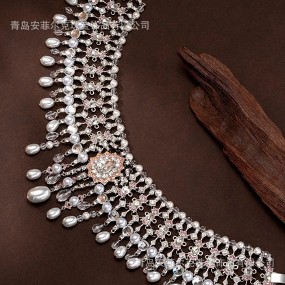 KEQIU Heavy industry imitation pearl tassel necklace, retro court Baroque style bridal dress, luxurious short necklace |...