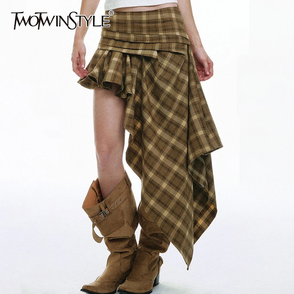 TWOTWINSTYLE Chic Boho Asymmetric High Low Skirt for Women Plaid Tartan Wrap Ruched Waist Handkerchief Hem Ruffle Mini for Daily - Kimlud