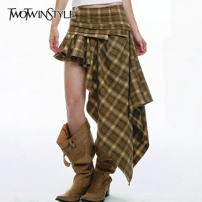 TWOTWINSTYLE Chic Boho Asymmetric High Low Skirt for Women Plaid Tartan Wrap Ruched Waist Handkerchief Hem Ruffle Mini for Daily - Kimlud