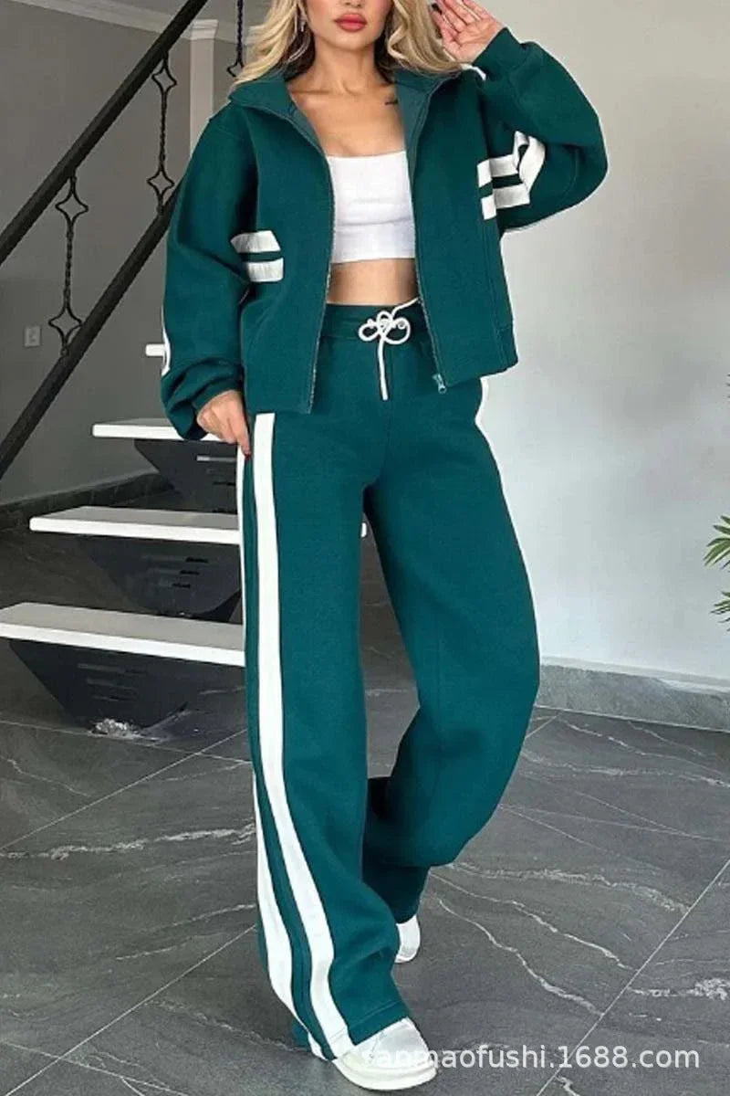 Y2K Striped Zipper Coat+sweatpants Two Piece Set Women Casual Batwing Sleeve Sports Outfits Autumn Winter Sweatshirt Suit