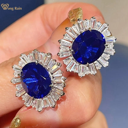 Wong Rain Luxury 925 Sterling Silver Oval Cut Sapphire High Carbon Diamond Gemstone Women Earrings Ear Studs Fine...