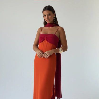 Women Color Blocking Scarf Collar Sling Dress Sexy Waist Cinching Split Bodycon Slim Fit Dresses 2026 Lady Highstreet...