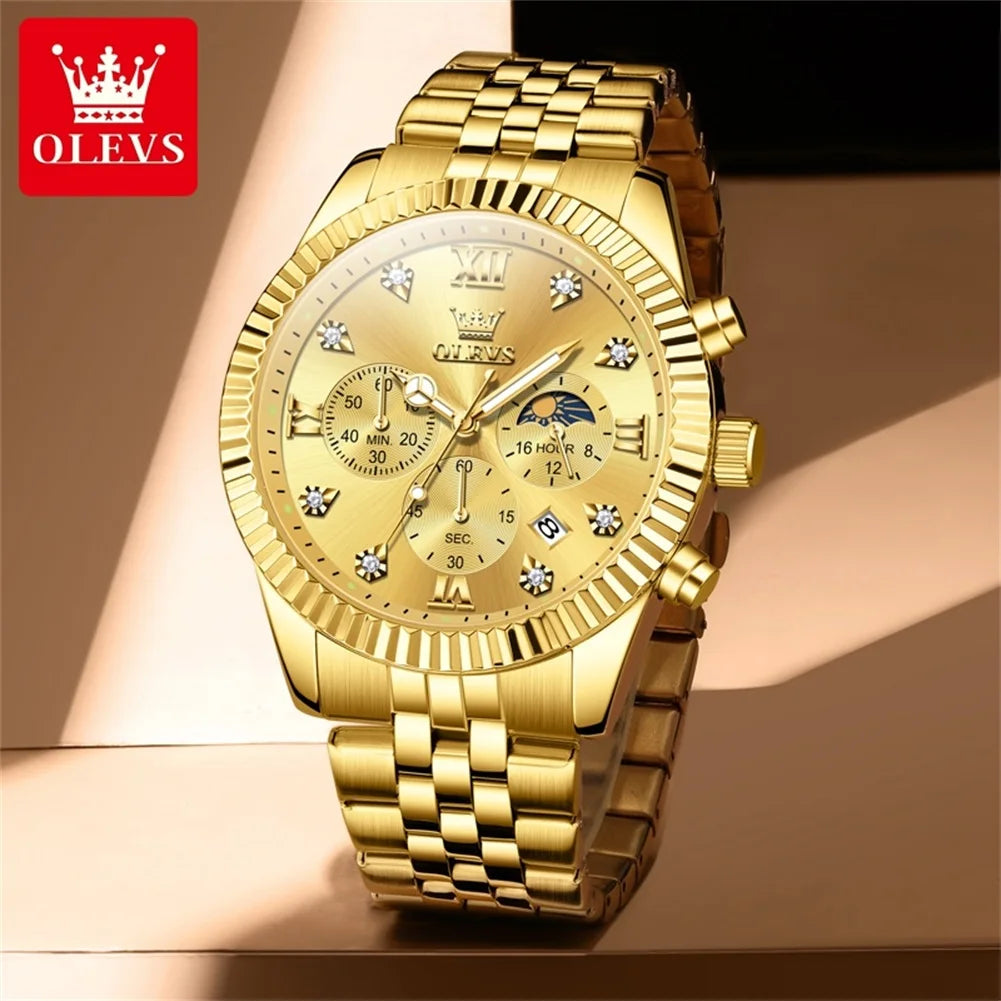 OLEVS 2932 Men's Luxury Watch Fashion Multi functional Waterproof Lunar Phase Chronograph Code Watch High end Brand Quartz Watch