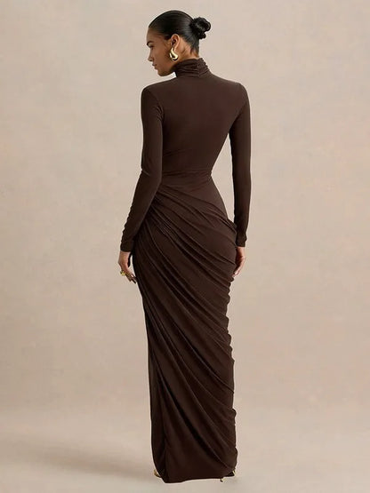 Slim Fit High Neck Pleated Dress with Slit Elegant Lady's Long Sleeve Dress Thick Material High Waist Bodycon Gown for Women - Kimlud