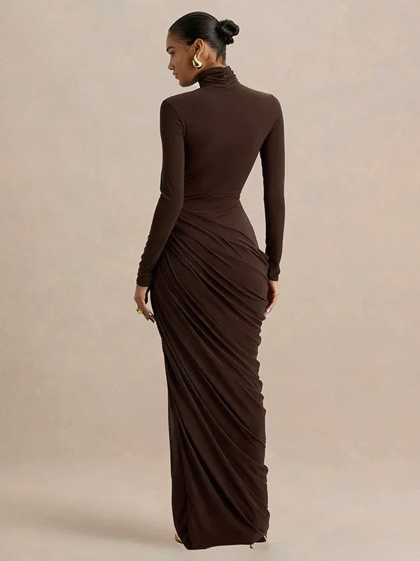 Slim Fit High Neck Pleated Dress with Slit Elegant Lady's Long Sleeve Dress Thick Material High Waist Bodycon Gown for Women - Kimlud