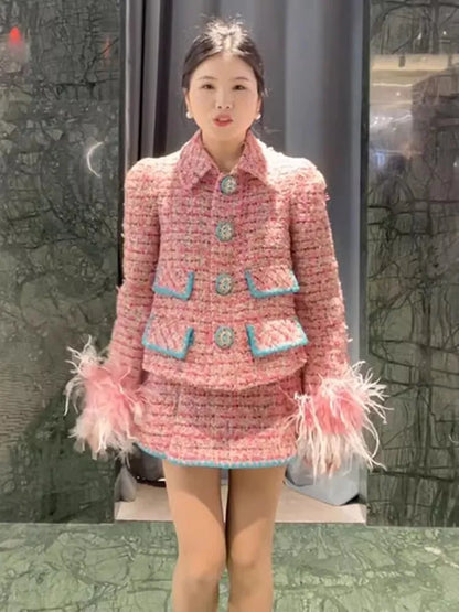 Women Auutmn Winter Sweet Feather Single Breasted Tweed Short Jacket High Waist A-Line Skirt Offce Ladies Fashion Two Piece Set