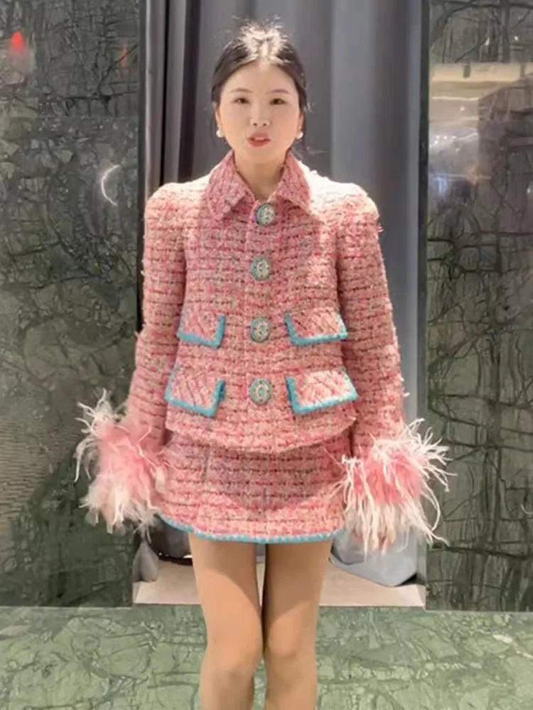 Women Auutmn Winter Sweet Feather Single Breasted Tweed Short Jacket High Waist A-Line Skirt Offce Ladies Fashion Two Piece Set