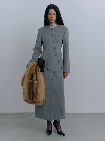 Women's Long Grey Woollen Coat O-neck Full Sleeve Asymmetric Button Design Elegant Silhouette Warm Outerwear 2025 Autumn Coat
