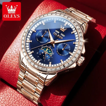 OLEVS 6695 NEW Men's Watches Full Multifunctional Dial Blue Leather Strap Calendar Week Moon Phase Waterproof Wristwatch...