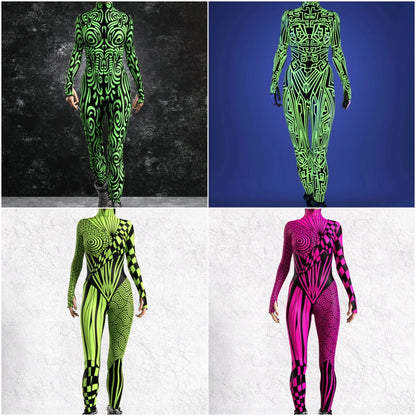 Women 3D Painted Cosplay Jumpsuit Cyberpunk Muscle Bodysuit Halloween Carnival Party Performance Zentai Suit Aerial Yoga