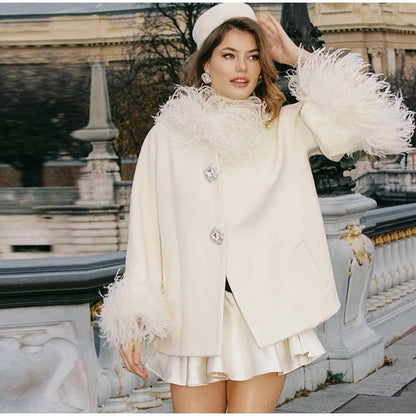 Elegant Feather Spliced Women's Coat Loose Feather Cuff Collar Lady Poncho Outwear 2024 Winter High Street Jacket New In Coats