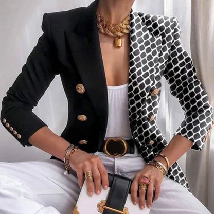 Long Sleeve Button Patchwork Simple Outerwear, Women Spring Autumn Turn-Down Collar Chic Coats, New Print Fashion Ladies Blazers