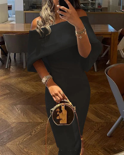 Ele Off-oulder Slim-Fit Dr High-Waisted Zipper Detail Court Sle Polyester Material ort Sve Mid-Length Skirt