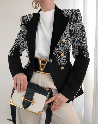 Women Vintage Print Office Lady Double Breasted Blazer Coat Autumn Fashion Notched Collar Long Sleeve Ladies Outerwear Chic Tops